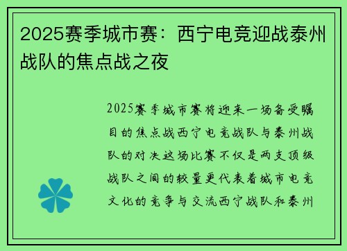 2025赛季城市赛：西宁电竞迎战泰州战队的焦点战之夜